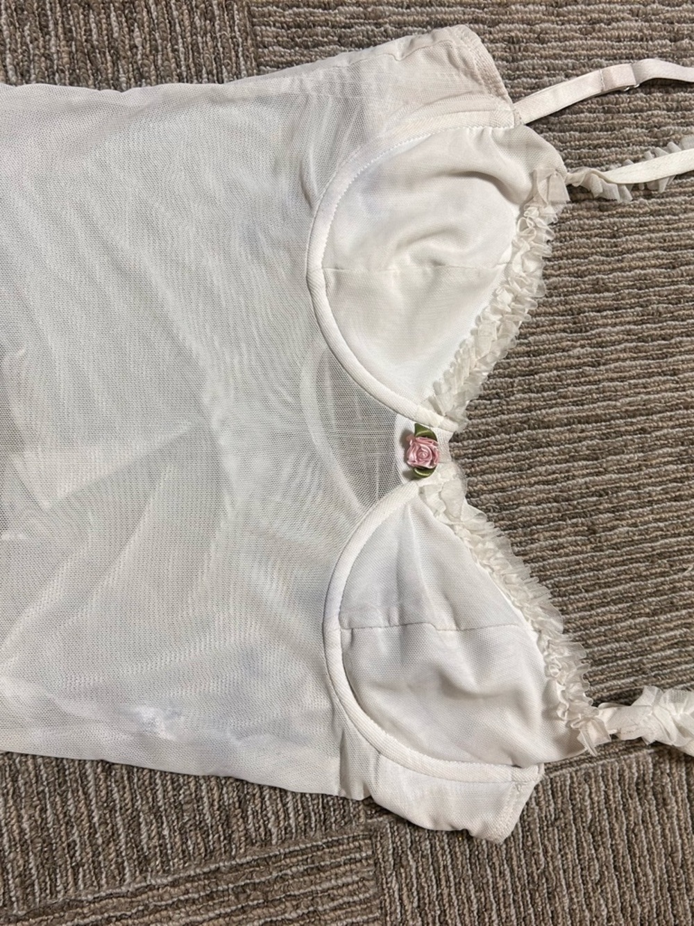 Edikted White Sheer Lace-Trim Tank with Pink Rose Accent